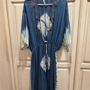 Aratta Silent Journey Blue designed Kimono-Style Maxi with Embroidered Trim